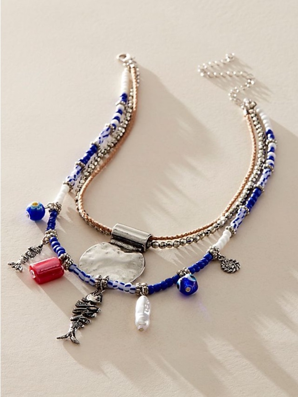 Free People Multi-Strand Blue Beaded Charm Necklace - Women Jewelry